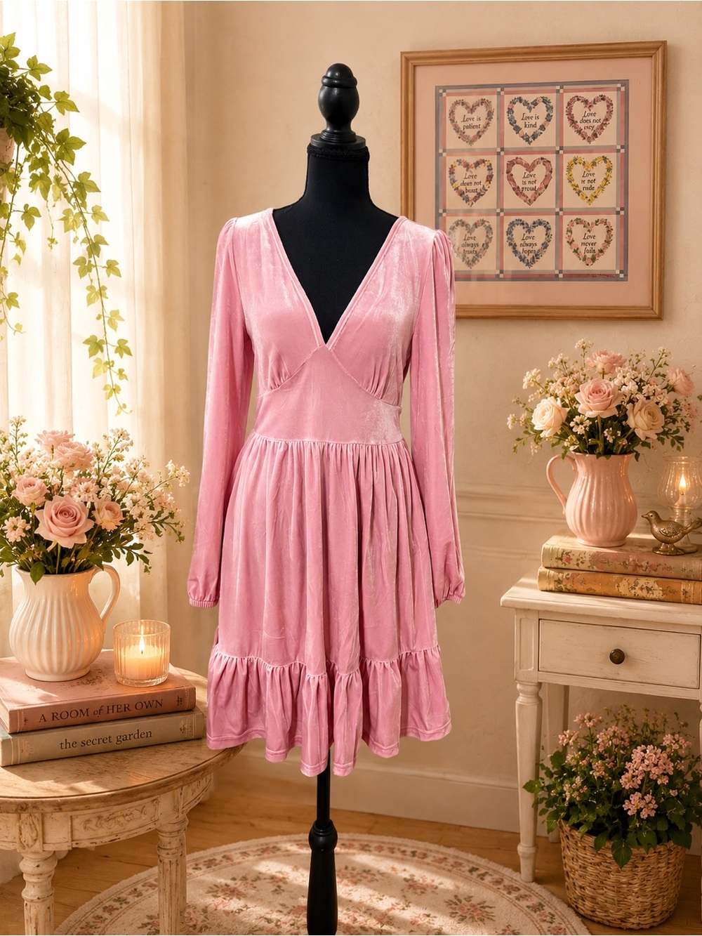 HALARA Blush Pink Velvet V-Neck Long Sleeve Ruffle Hem Dress